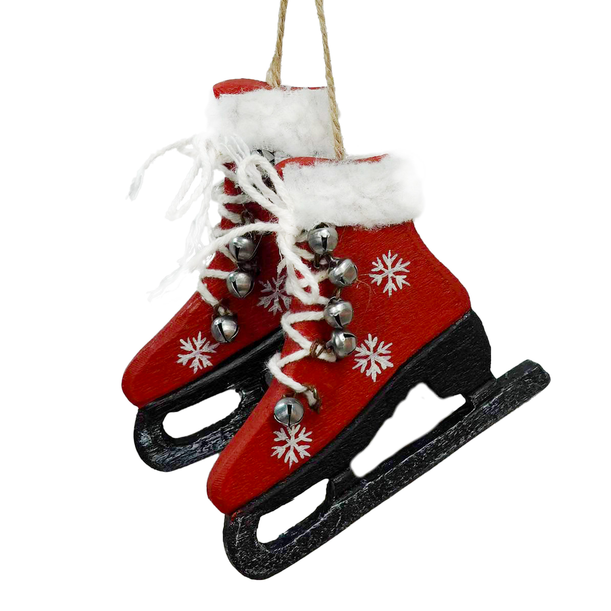 ORN WOODEN RED ICE SKATES 4" W/ WOOL CUFF & BELLS