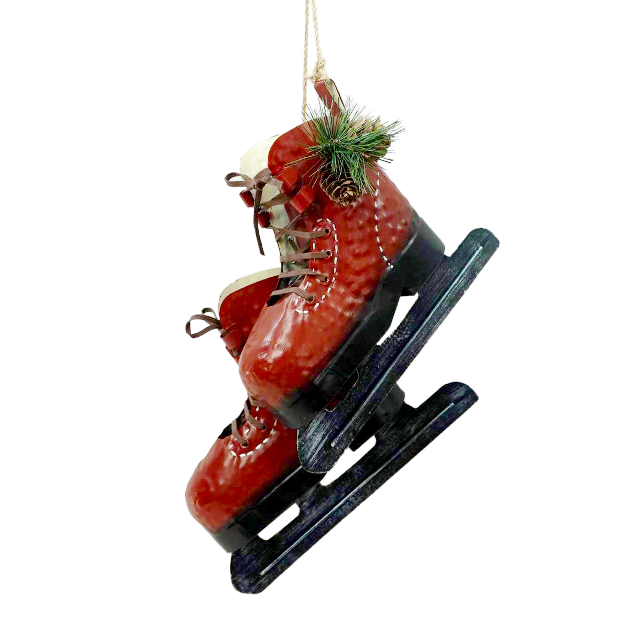 HANGING METAL RED/BLACK ICE SKATES 8" W/ PINE CONE