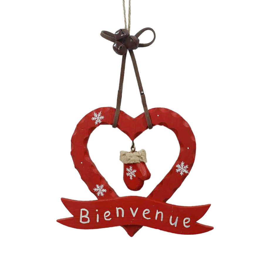 ORN HEART WOODEN 7.5" W/ "BIENVENUE" & SNOWFLAKE