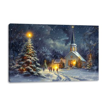 CANVAS 24"X16" LIGHT UP CHURCH SCENE 3PC LED+30PC FIBER+6HOUR TIMER