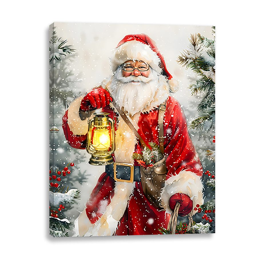 CANVAS 12"X16" LIGHT UP SANTA CLAUS W/ LAMP 1 PC LED+30PC FIBER+6HOUR TIMER