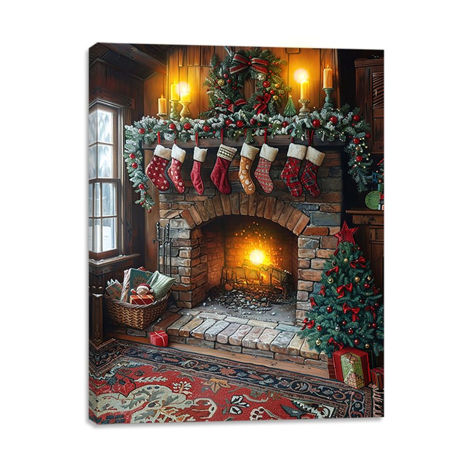 CANVAS 12"X16" LIGHT UP VINTAGE FIREPLACE 3PC LED+20PC FIBER+6HOUR TIMER