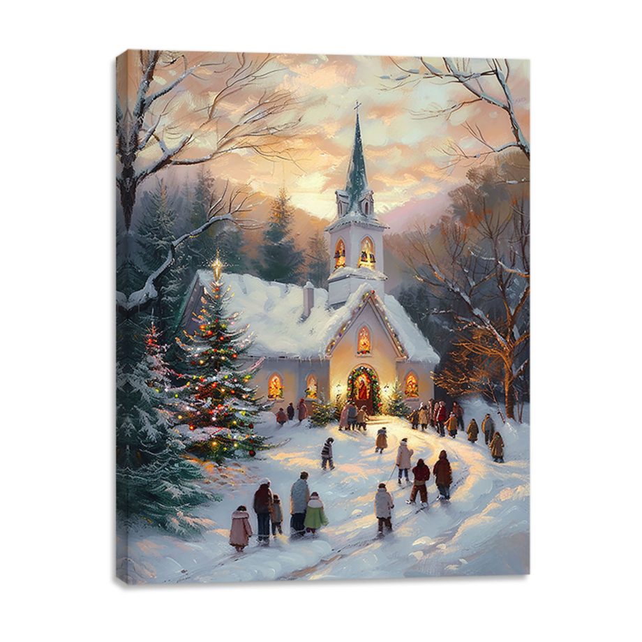 CANVAS 12"X16" LIGHT UP CHURCH SCENE 3PC LED+30PC FIBER+6HOUR TIMER