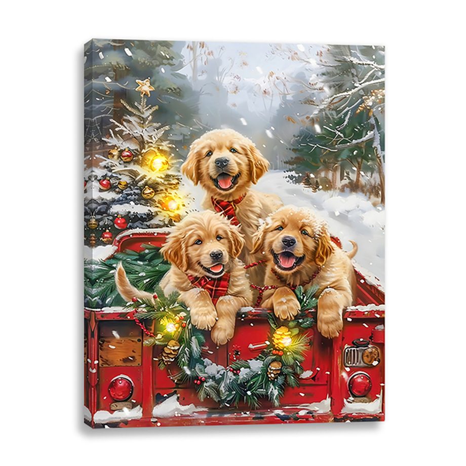 CANVAS 12"X16" LIGHT UP DOGS ON A RED TRUNK 4PC LED+6HOUR TIMER