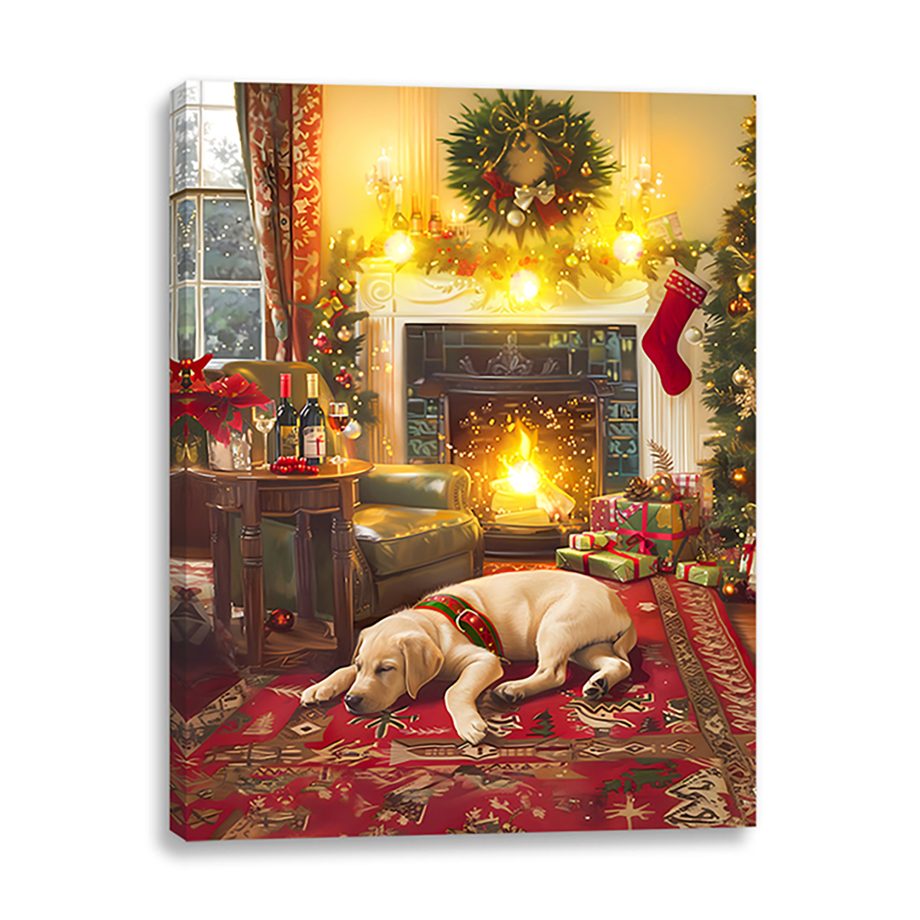 CANVAS 12"X16" LIGHT UP DOG/FIREPLACE 4PC LED+20PC FIBER+6HOUR TIMER