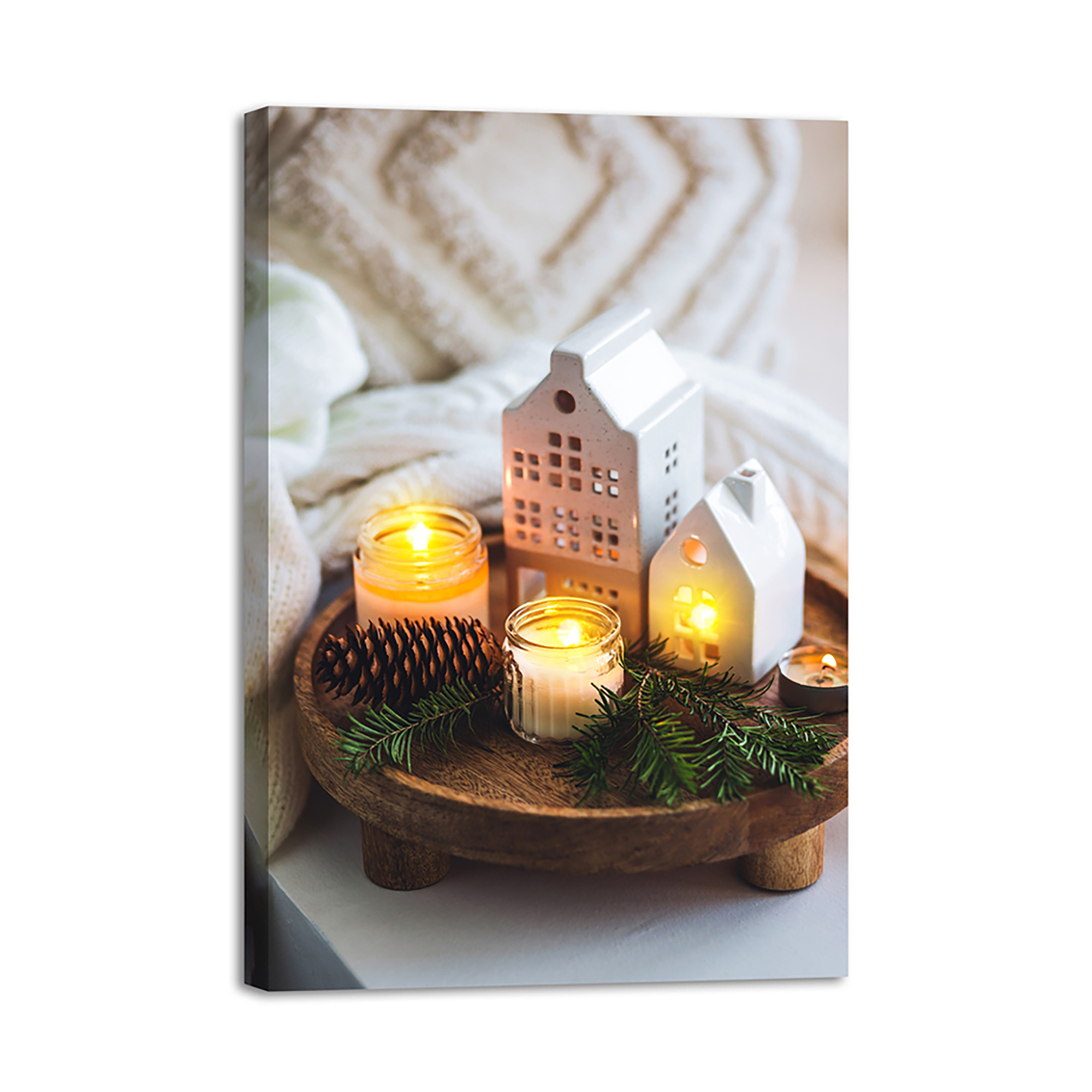 CANVAS 16"X24" LIGHT UP CANDLES W/ DECORATIVE HOUSES 3PC LED+BLOW FUNCTION
