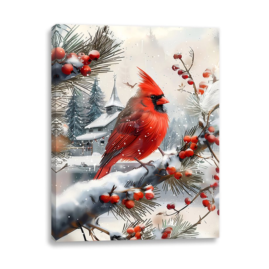 CANVAS 12"X16" LIGHT UP CARDINAL ON SNOWY BRANCH 30PC FIBERS+6HOUR TIMER