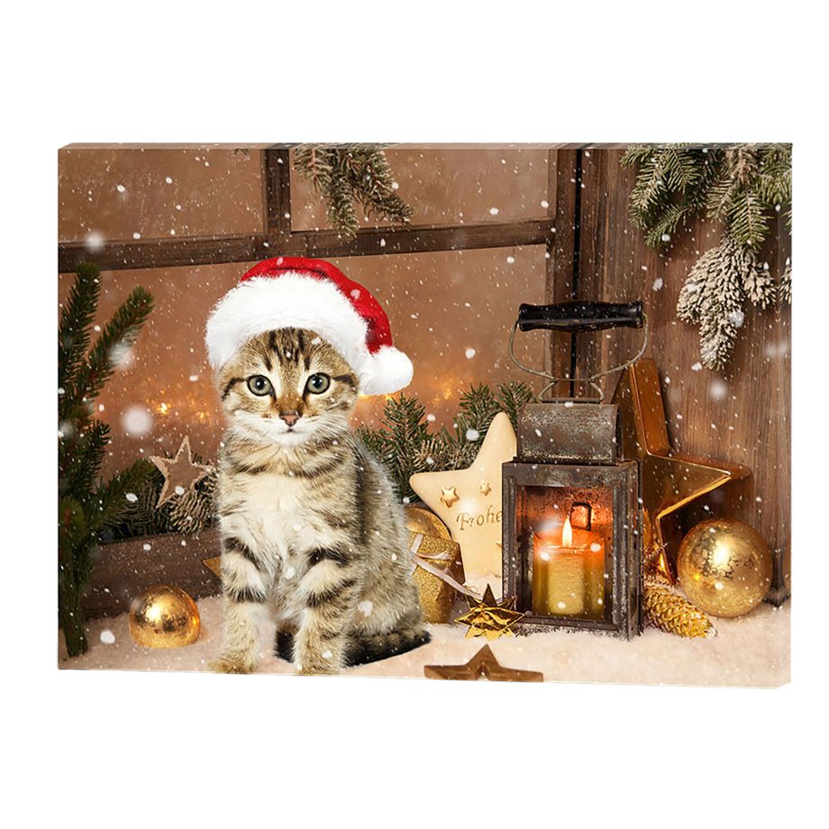 CANVAS 16"X12" LIGHT UP CAT W/ LANTERN & RED SANTA HAT 1PC LED+6HOUR TIMER