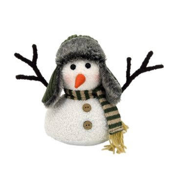 PLUSH SNOWMAN SITTING WHITE/GRAY 7.5" W/ FUR TRIM HAT & KNITTED SCARF