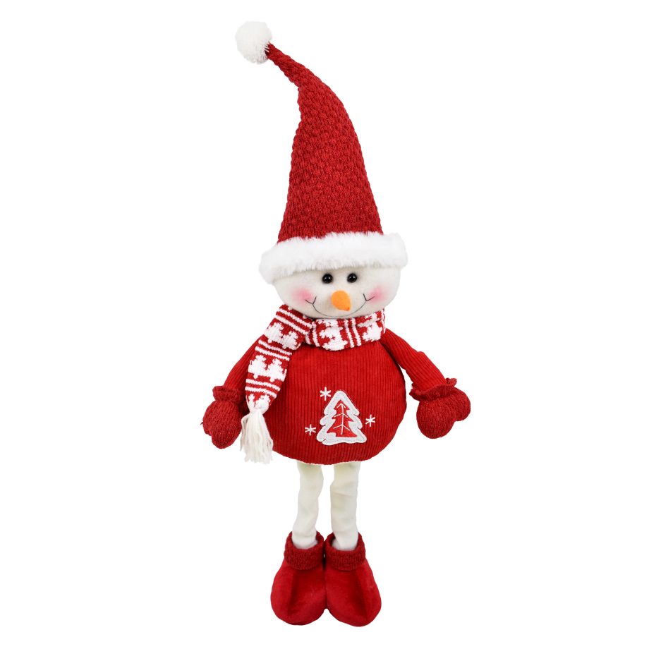 PLUSH SNOWMAN STANDING RED/WHITE 25"-30" ADJUSTABLE LEGS W/ KNITTED SWEATER W/ TREE, SCARF, MITTENS & SANTA HAT