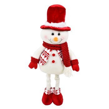 PLUSH SNOWMAN STANDING RED/WHITE 18"-25" ADJUSTABLE LEGS W/ KNITTED SWEATER, SCARF, MITTENS & TOP HAT