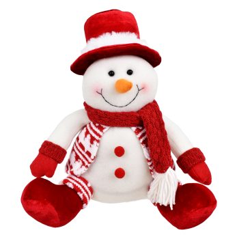 PLUSH SNOWMAN SITTING RED/WHITE 11" W/ KNITTED SWEATER, SCARF, MITTENS & TOP HAT