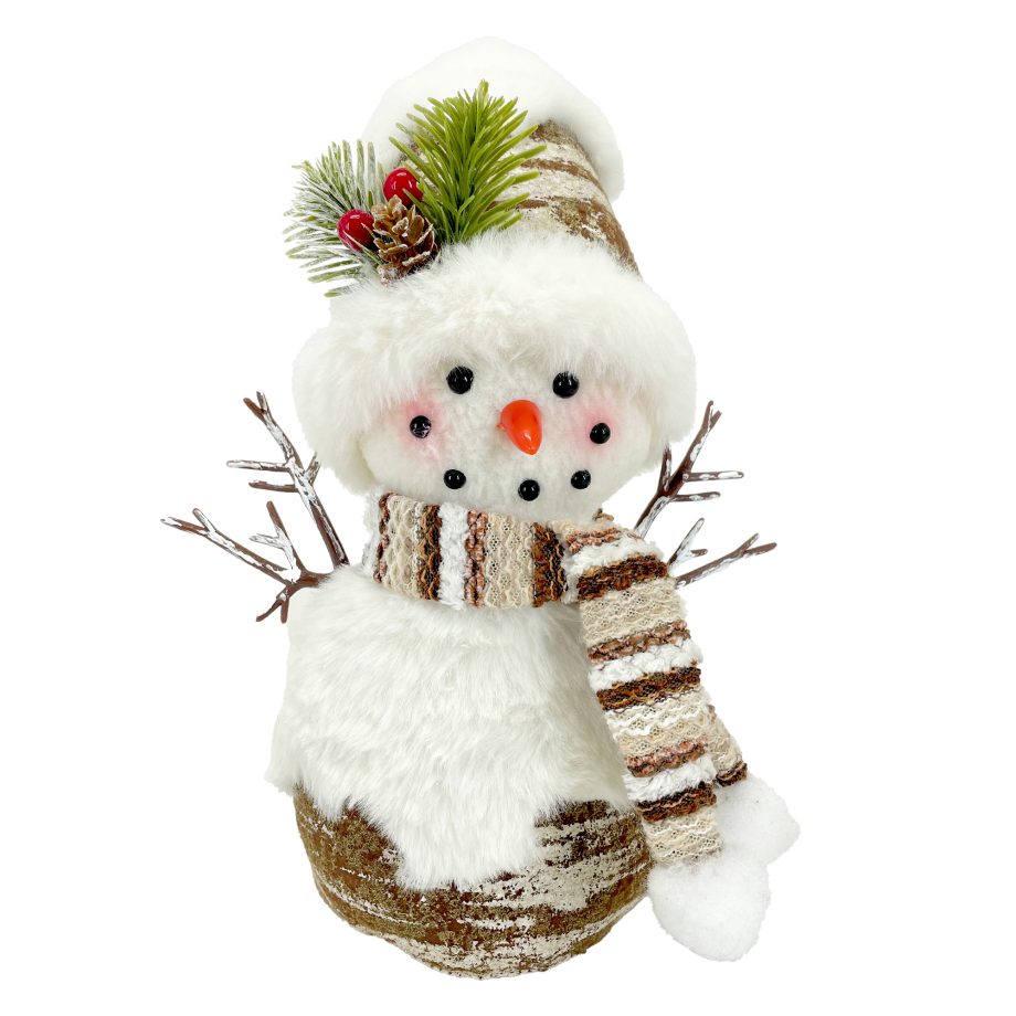 SNOWMAN PLUSH STANDING 11" WHITE/NATURAL W/ FUR BODY STRIPE HAT & SCARF