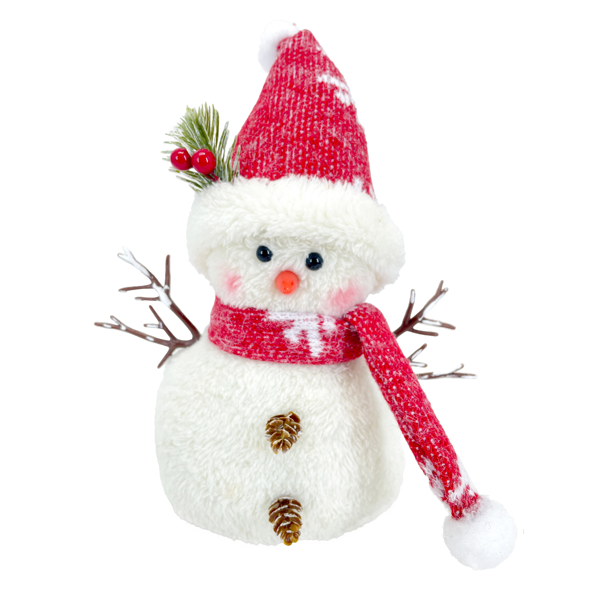 SNOWMAN PLUSH STANDING 11" WHITE/RED W/ FUR BODY STRIPE HAT & SCARF