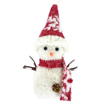 SNOWMAN PLUSH STANDING 7" WHITE/RED W/ FUR BODY STRIPE HAT & SCARF
