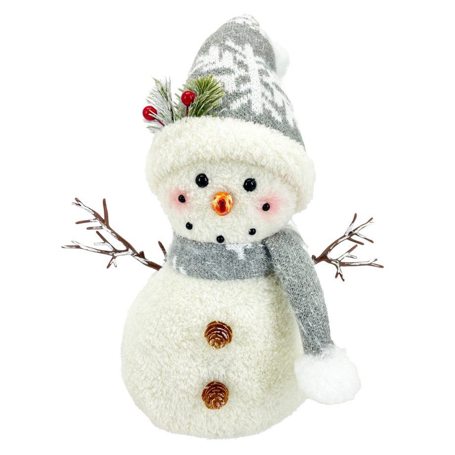 SNOWMAN PLUSH STANDING 17" GREY/WHITE W/ FUR BODY STRIPE HAT & SCARF