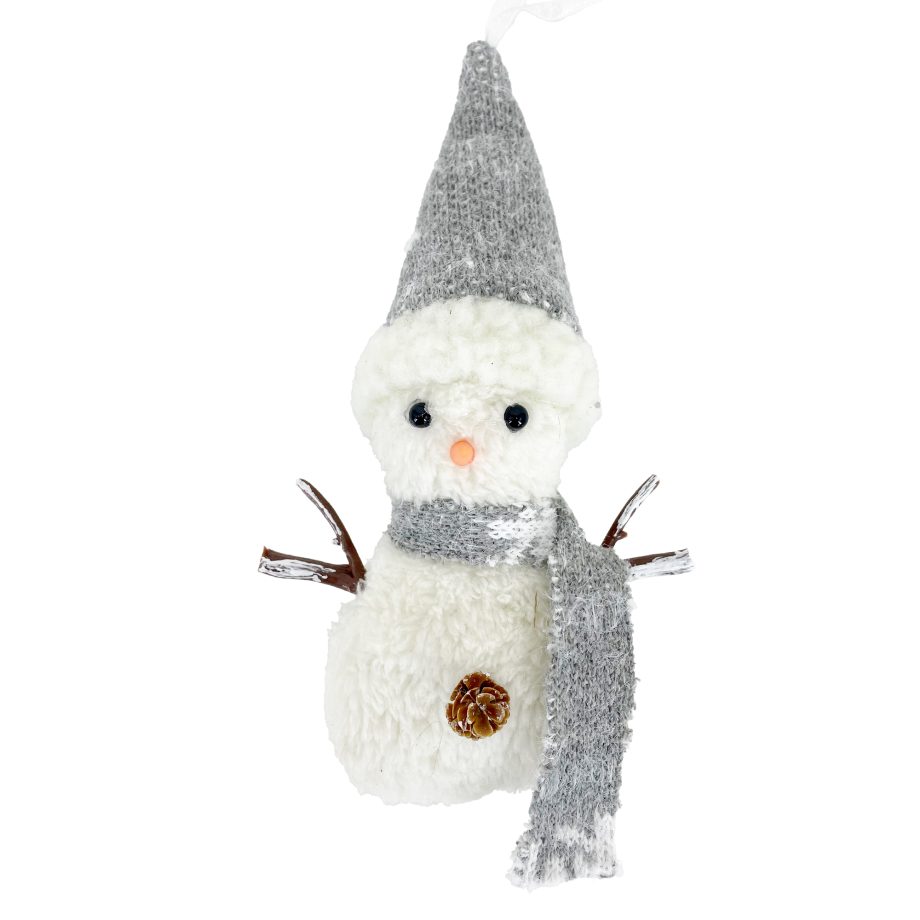 SNOWMAN PLUSH STANDING 7" GREY/WHITE W/ FUR BODY STRIPE HAT & SCARF