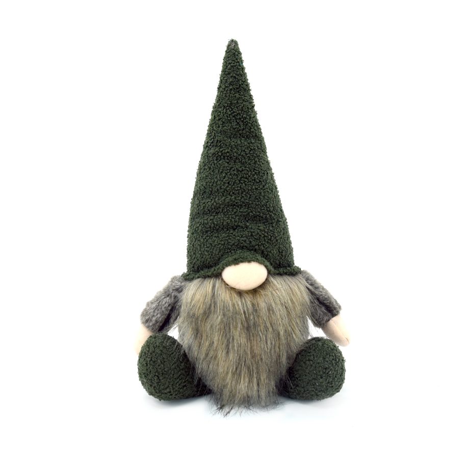 PLUSH GNOME SITTING DK GREEN/BROWN 20" FLEECE HAT W/ FAUX-FUR BEARD