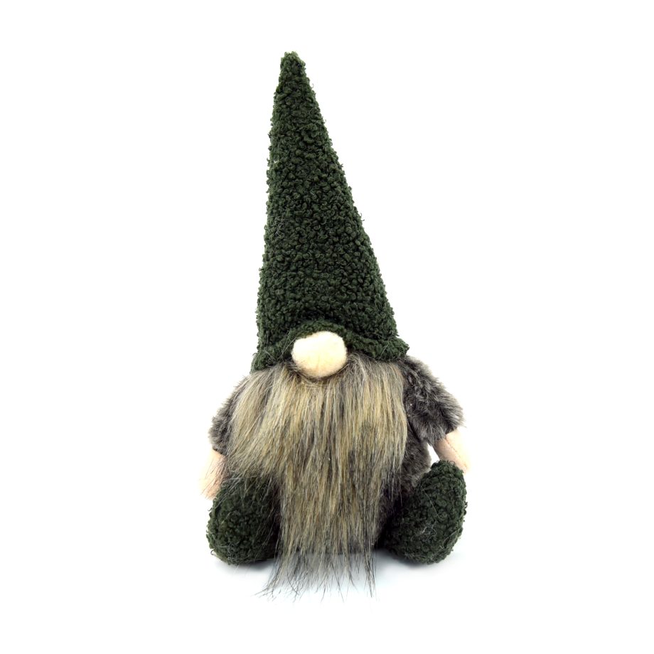 PLUSH GNOME SITTING DK GREEN/BROWN 12" FLEECE HAT W/ FAUX-FUR BEARD