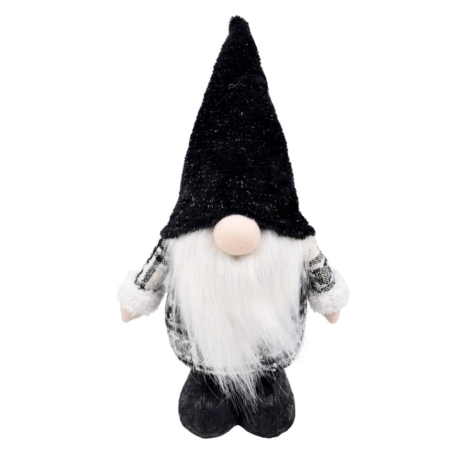 PLUSH GNOME STANDING BLACK/WHITE 17" W/ FAUX FUR BEARD & HAT W/ SHINY TINSEL