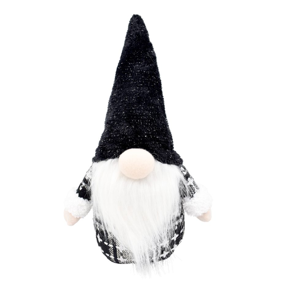 PLUSH GNOME STANDING BLACK/WHITE 15" W/ FAUX FUR BEARD & HAT W/ SHINY TINSEL