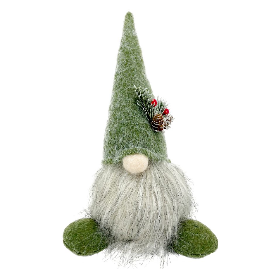 GNOME PLUSH STANDING 12" GREEN/NATURAL W/ FELT HAT W/ PINE CONE & BERRIES