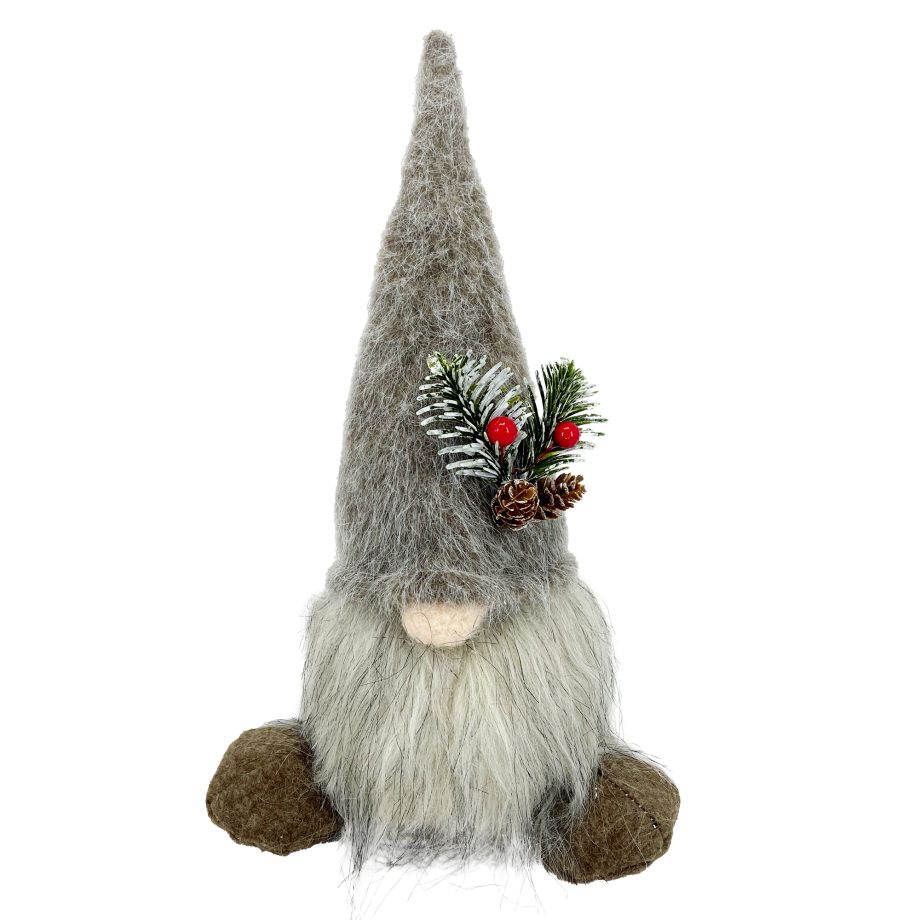 GNOME PLUSH STANDING 12" DARK BROWN /NATURAL W/ FELT HAT W/ PINE CONE & BERRIES