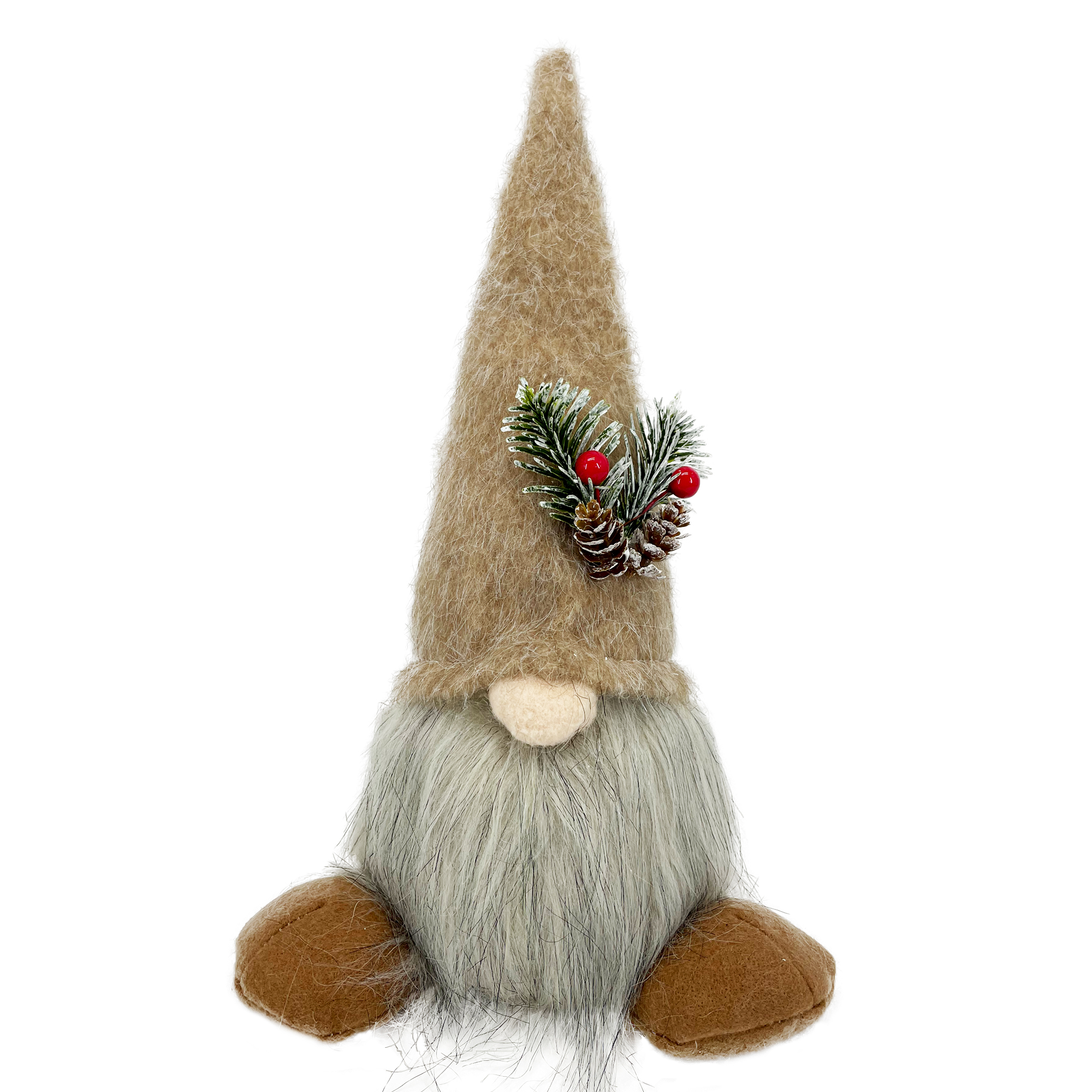 GNOME PLUSH STANDING 12" BROWN/NATURAL W/ FELT HAT W/ PINE CONE & BERRIES