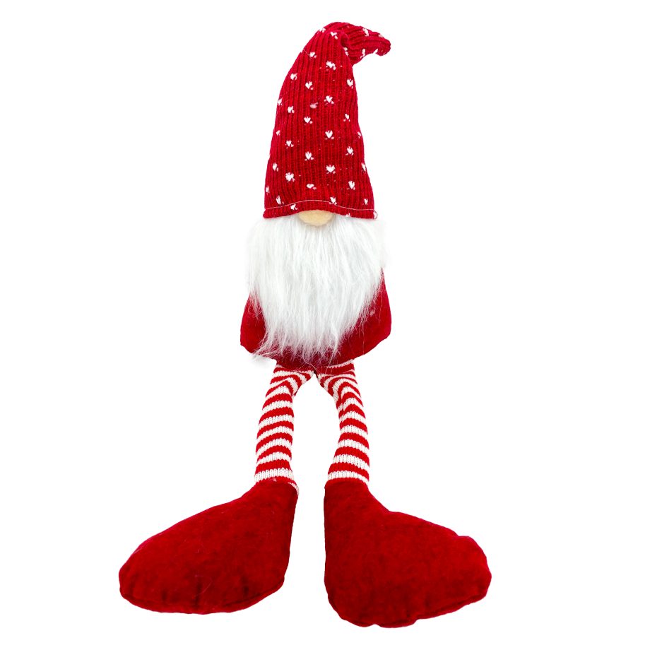 GNOME PLUSH SITTING DANGLING LEGS 23" RED/WHITE W/ SNOWFLAKE-LIKE PATTERN & FUR BEARD