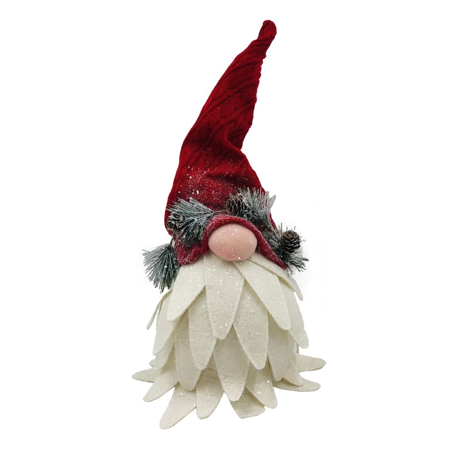 GNOME PINE CONE-LOOK FABRIC 17" RED/WHITE W/ KNITTED SANTA HAT & GLITTER