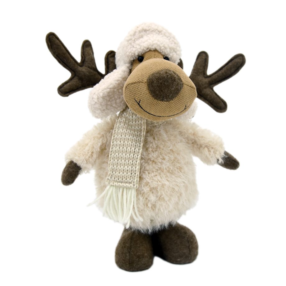 PLUSH MOOSE STANDING CREAM/BEIGE 11.5" W/ FAUX FUR BODY & KNITTED SCARF/HAT