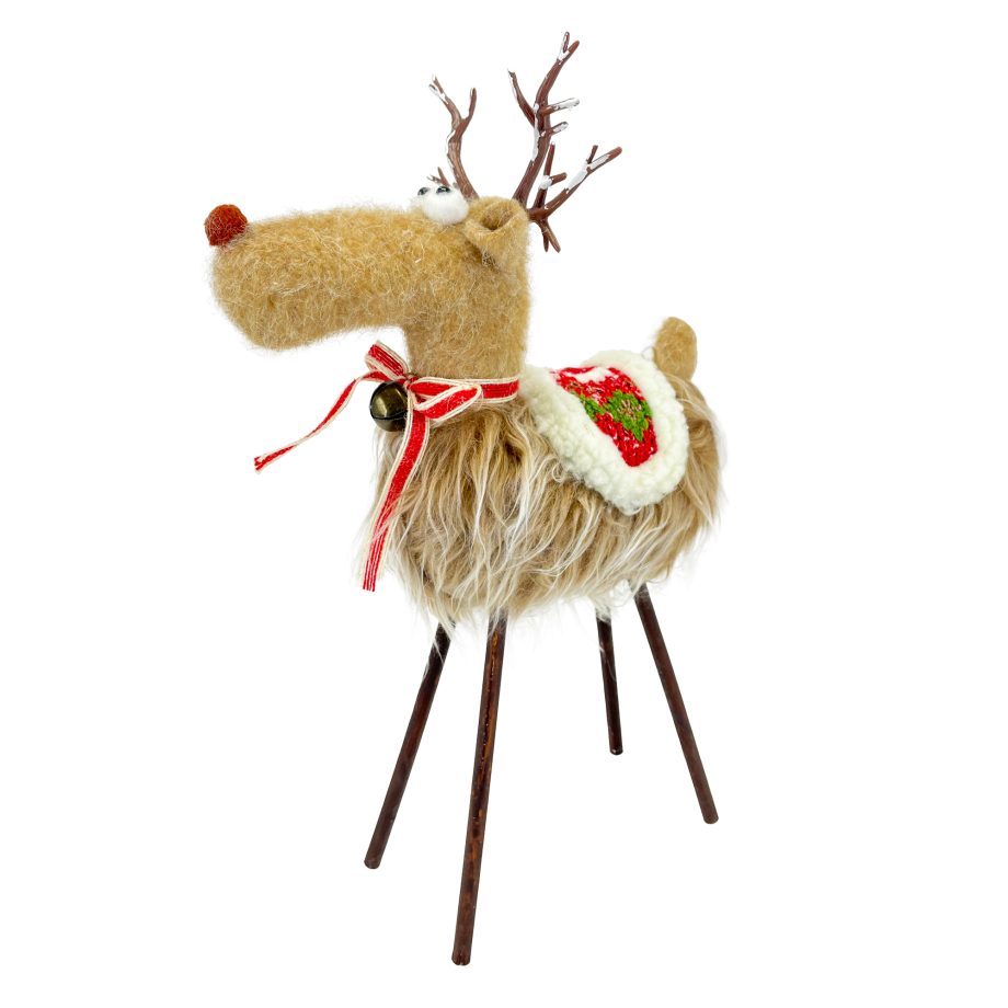 REINDEER PLUSH STANDING 14" WHITE/NATURAL W/ FUR BODY TWIG ANTLERS & WOOL VEST