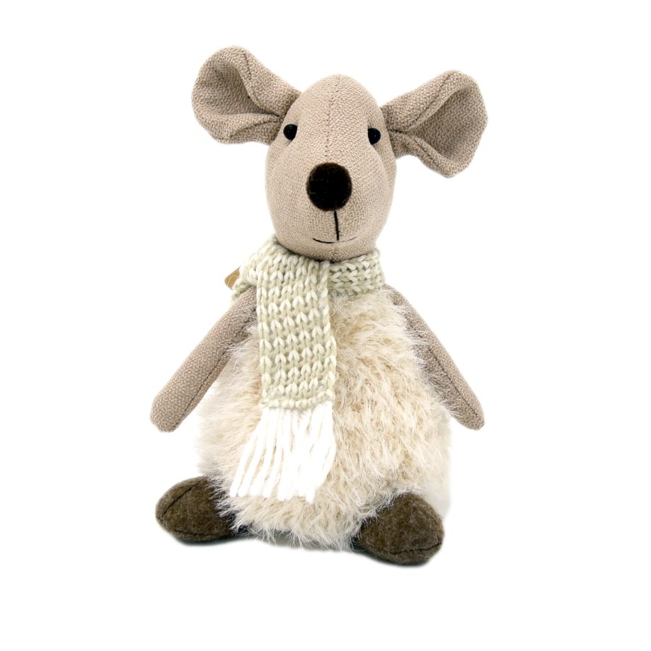 PLUSH MOUSE SITTING CREAM/BEIGE 8" W/ FAUX FUR BODY & KNITTED SCARF