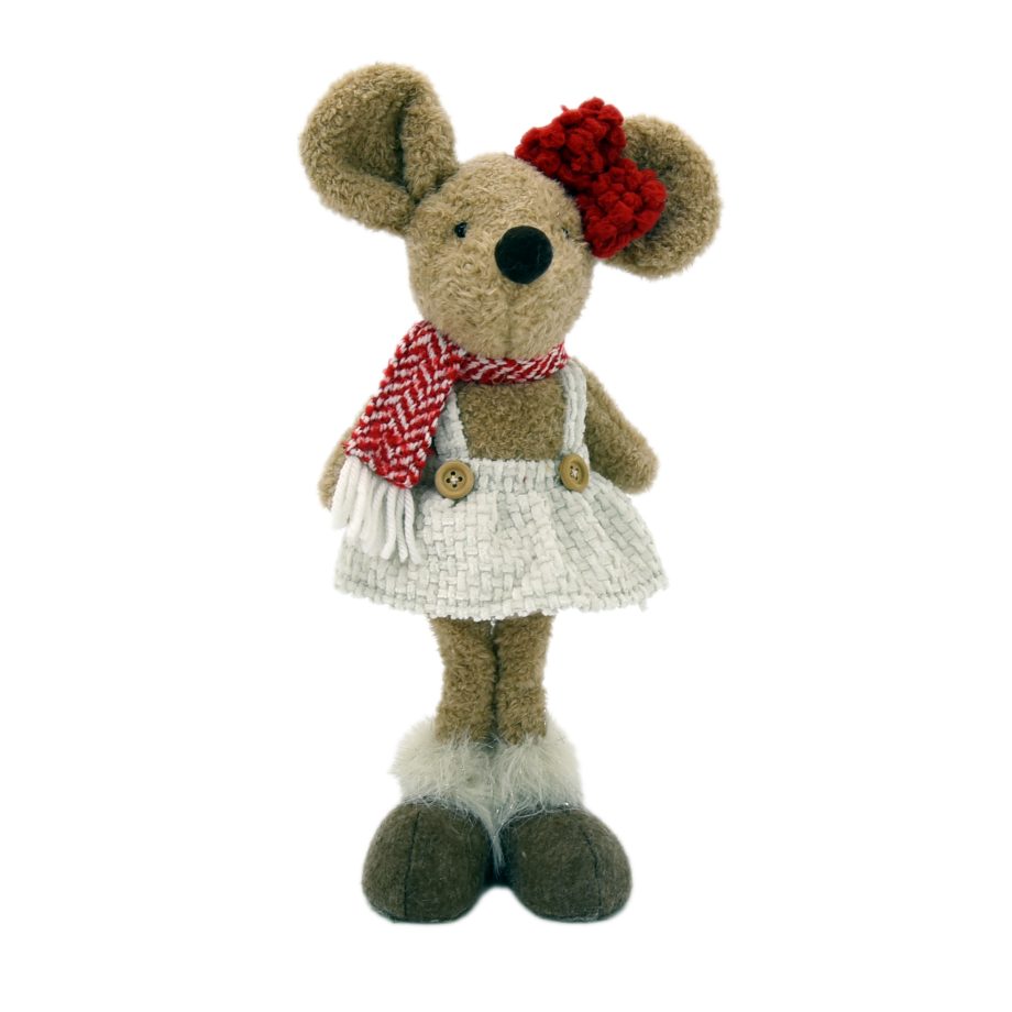 PLUSH MOUSE GIRL STANDING BROWN/WHITE 12" W/ DRESS STRIPE SCARF & RED BOW