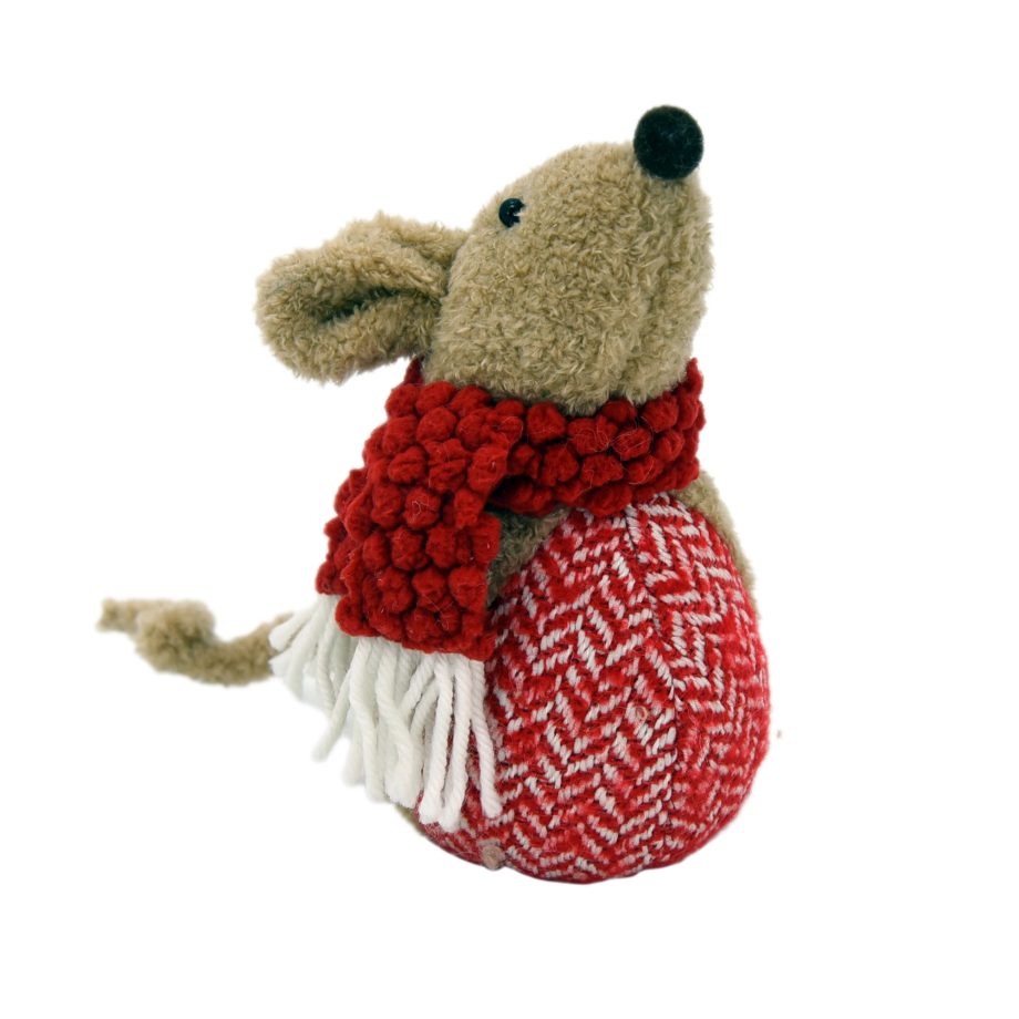 PLUSH MOUSE SITTING BROWN/RED 7" W/ KNITTED POMPOM-STYLE SCARF