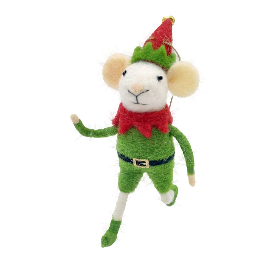 ORN WOOL MOUSE GREEN 5" DRESSED w/ ELF COSTUME