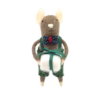 ORN WOOL MOUSE 5" GRAY WEARS GREEN PANTS W/ TEAL BOW TIE HOLDING A GIFT