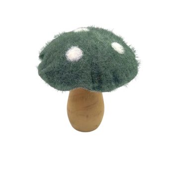 ORN WOOL MUSHROOM 3" GREEN W/ WHITE POLKA DOT CAP & WOODEN STEM