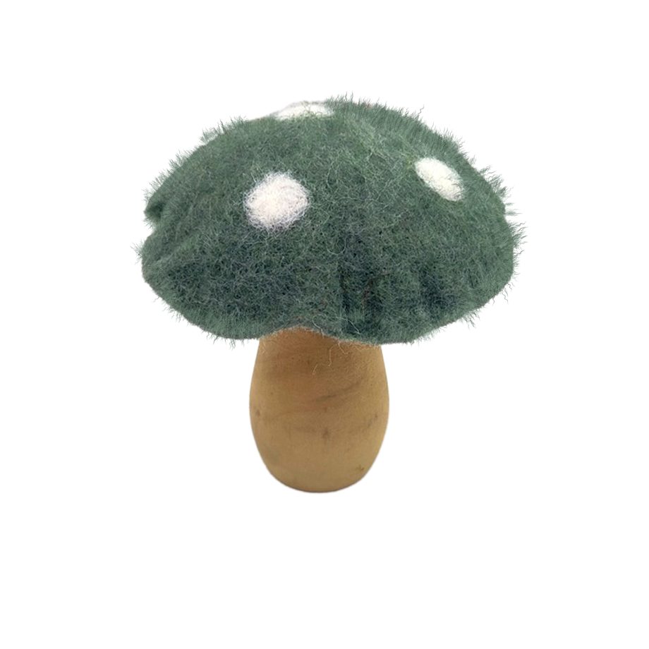 ORN WOOL MUSHROOM 3" GREEN W/ WHITE POLKA DOT CAP & WOODEN STEM