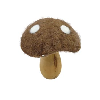 ORN WOOL MUSHROOM 3" BROWN W/ WHITE POLKA DOT CAP & WOODEN STEM