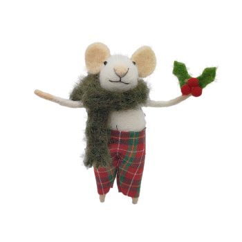 ORN WOOL MOUSE RED/PLAID 5" HOLDING A SPRIG OF HOLLY W/ RED BERRIES
