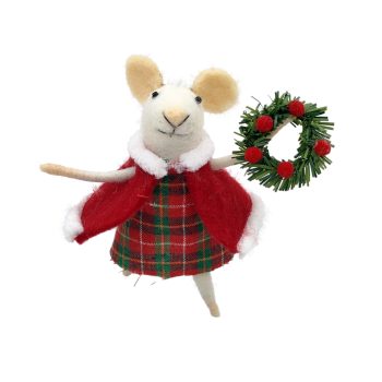 ORN WOOL MOUSE RED/PLAID 5" HOLDING A WREATH W/ BERRIES