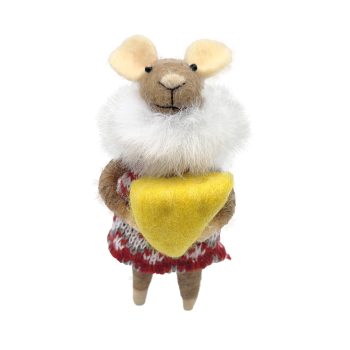 ORN WOOL MOUSE RED/BROWN 5" W/ A FUR COLLAR HOLDING CHEESE