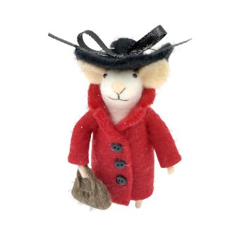 ORN WOOL MOUSE RED 5" DRESSED IN A COAT HOLDING A BAG