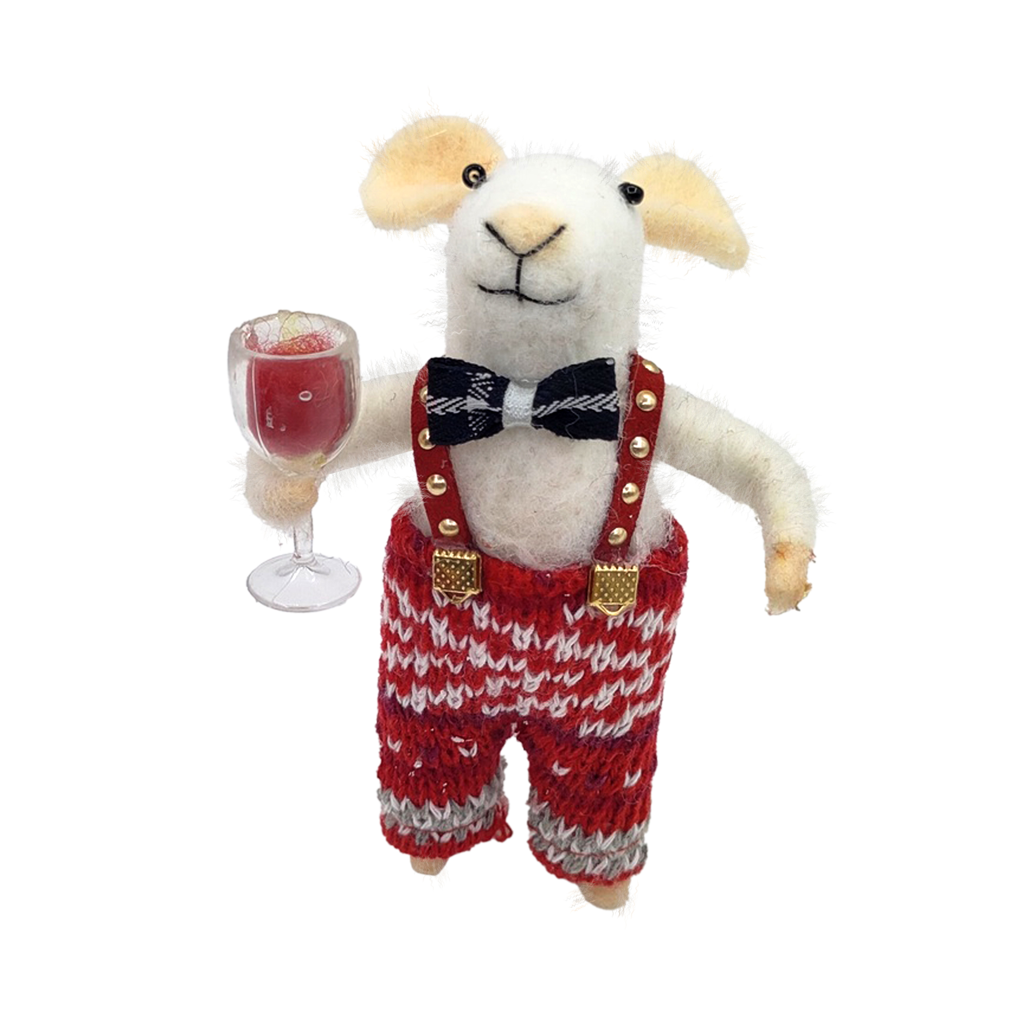 ORN WOOL MOUSE RED/WHITE 5" DRESSED IN OVERALLS HOLDING A WINE GLASS