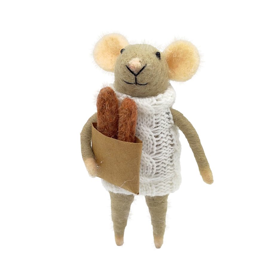 ORN WOOL MOUSE WHITE/BROWN 5" IN A KNITTED SWEATER HOLDING A BAGUETTE