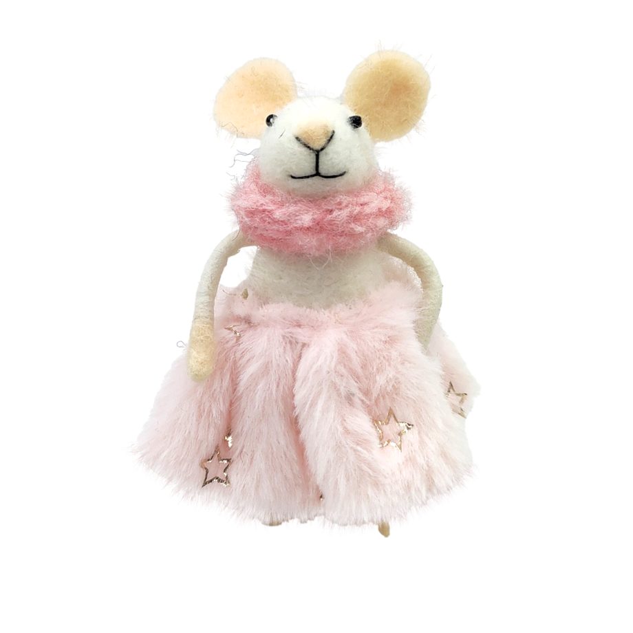 ORN WOOL MOUSE PINK/WHITE 5" DRESSED IN A FUR SKIRT