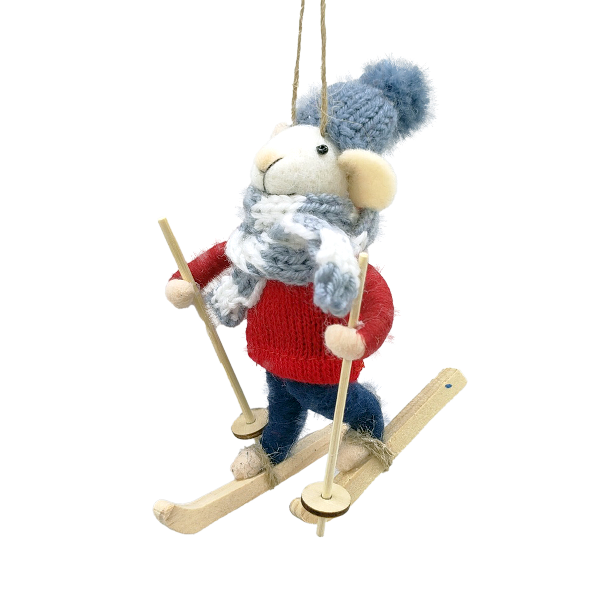 ORN WOOL MOUSE RED/BLUE 6" SKIING WEARING SKI ATTIRE & A BEANIE