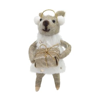 ORN WOOL MOUSE BEIGE 5" W/ EARMUFFS HOLDING A GIFT