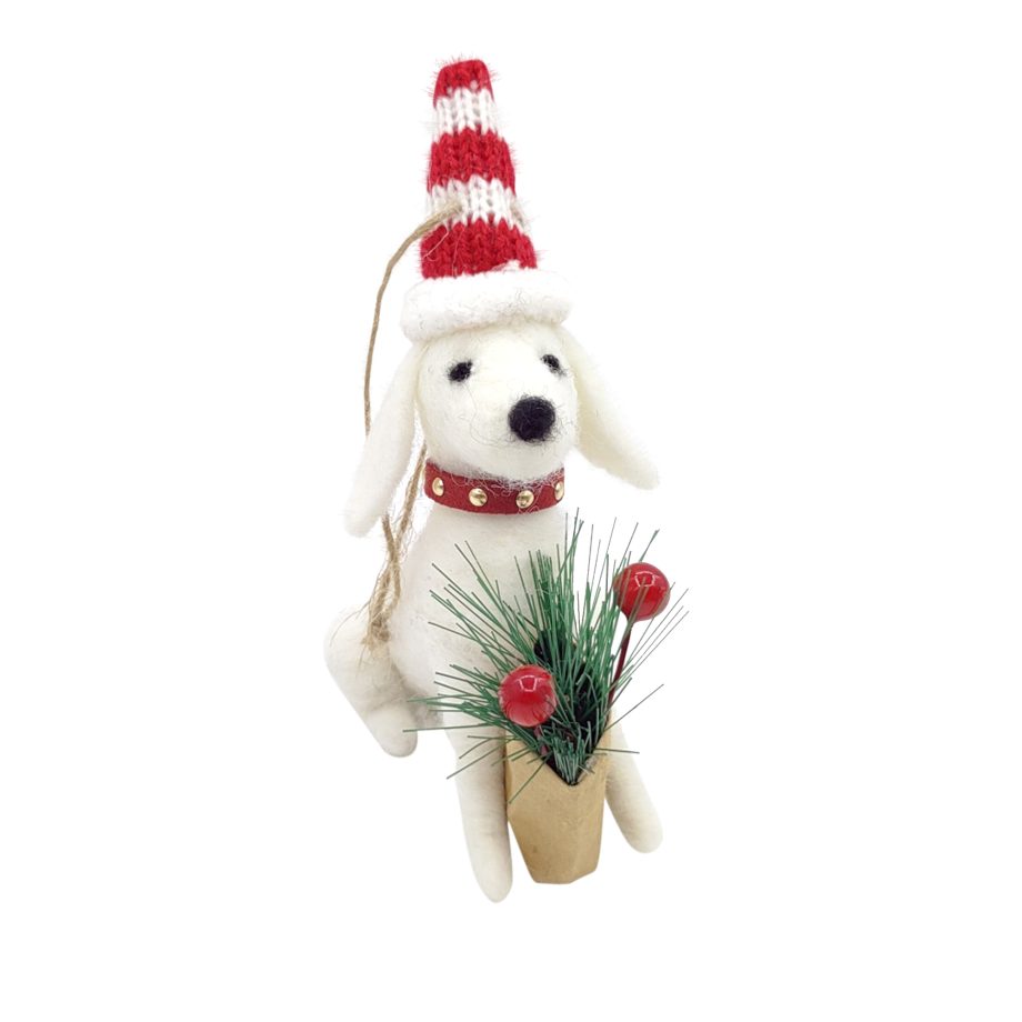 ORN WOOL DOG WHITE 5" W/ A SANTA HAT HOLDING A BAG OF PINE & BERRY